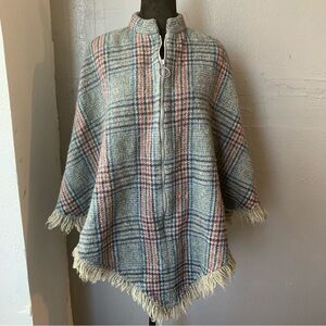 Vintage Wool Plaid Poncho Handmade Zip-Front Cape with Fringe 60s-70s Boho Fall